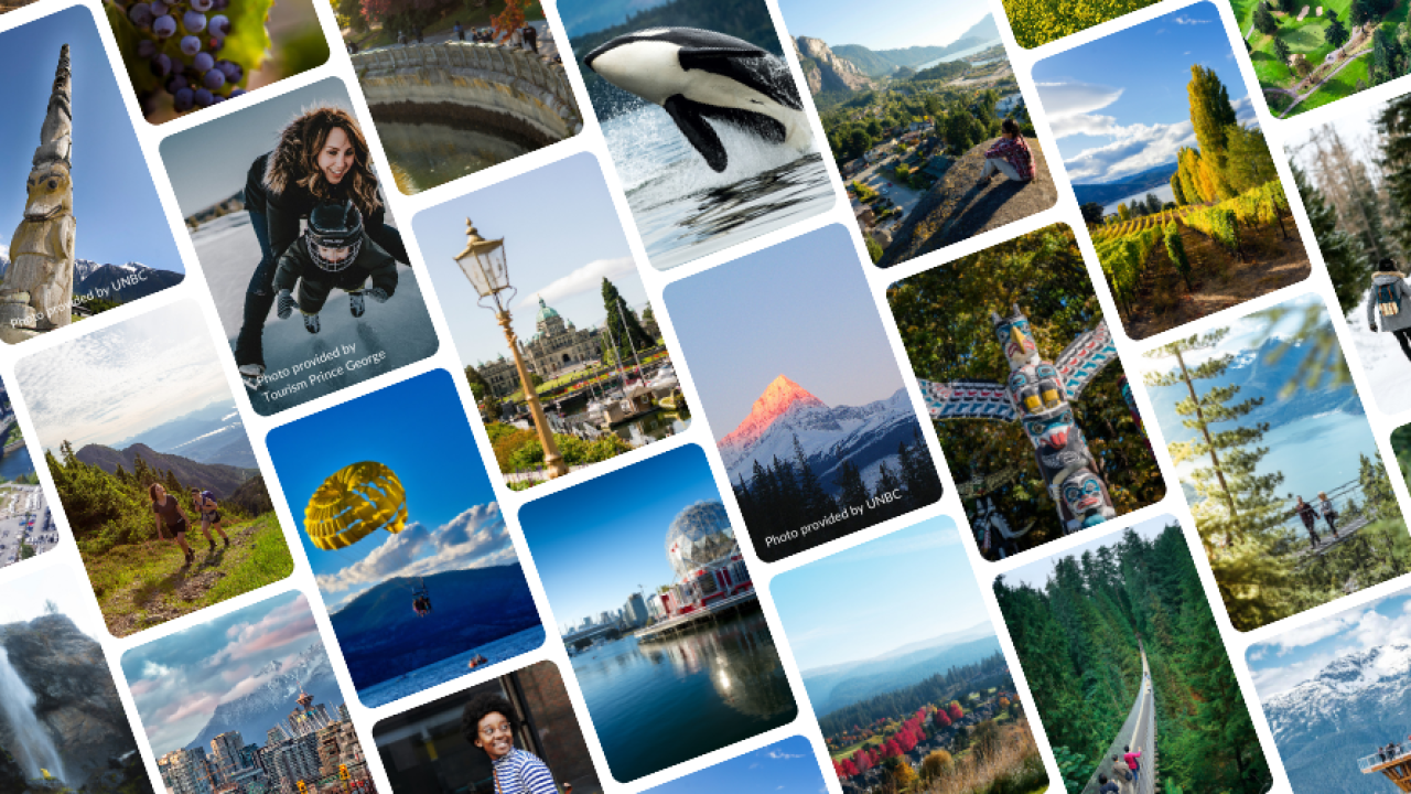 Collage of travel scenes in various landscapes across British Columbia