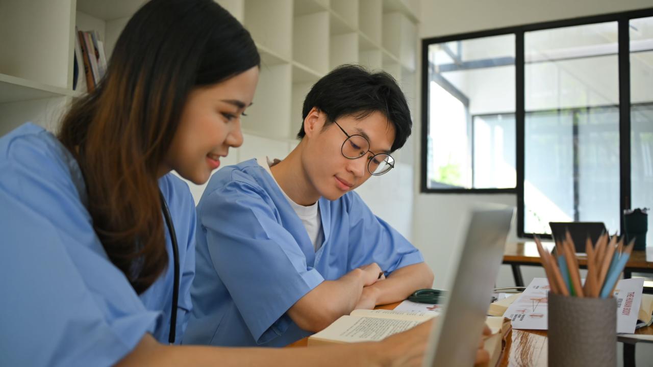 Two employed student nurses working on a laptop