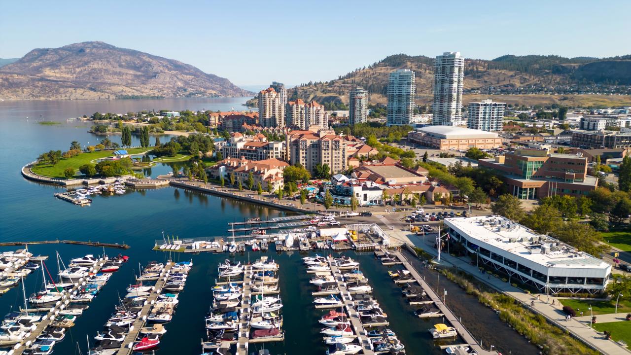 Drone aerial view of the marina yacht club and waterfront of the city of Kelowna