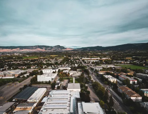Drone aerial view of the Okanagan College campus in Kelowna