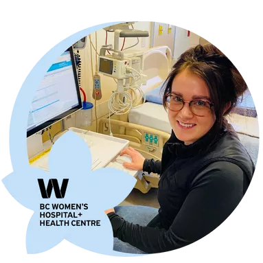 A woman working on a computer in BC Women's Hospital